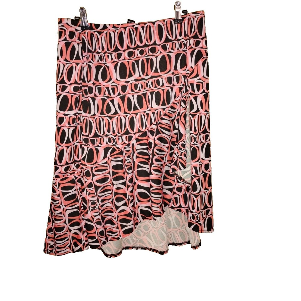 New York & Company Skirt M  Black Pink Abstract Pattern Ruffle Mock Wrap Y2K 90